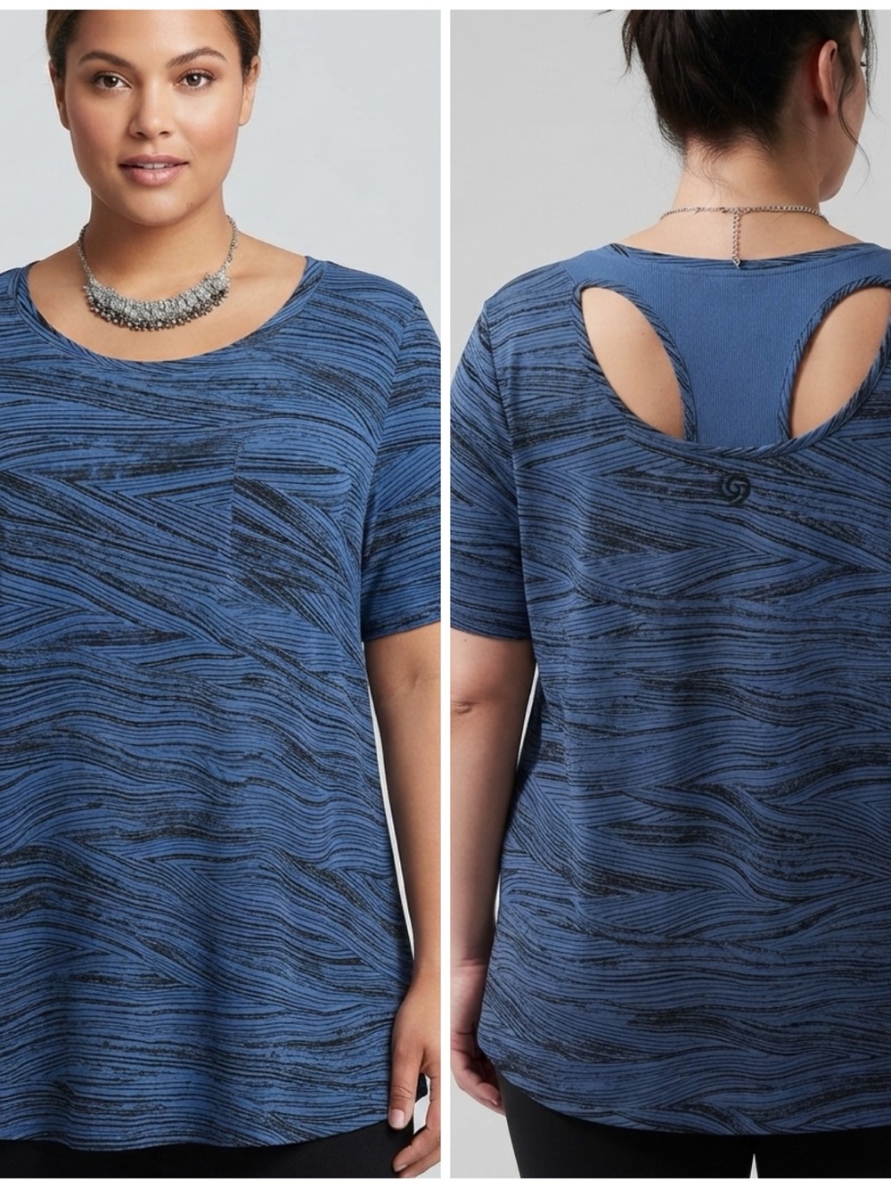 ACTIVE ZONE Navy & Black Short Sleeve Scoop Neck Tee Breast Pocket 2X